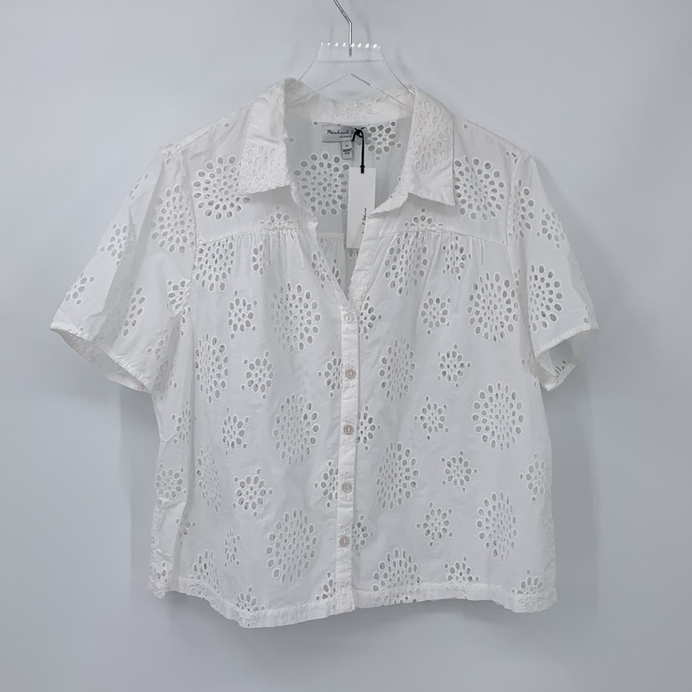 Michael Stars Yvette Eyelet shirt blouse button white cotton boxy floral new XL